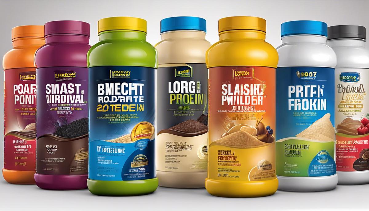 A variety of lactose-free protein powder containers with different labels and flavors