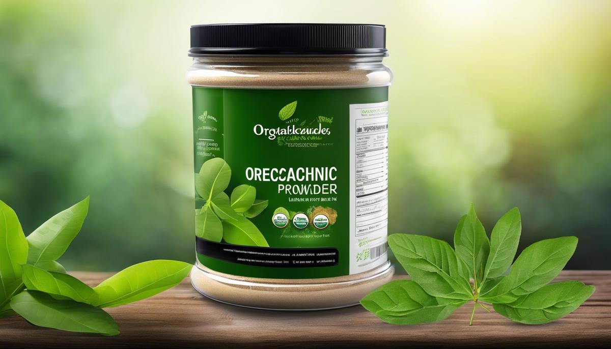 A jar of organic protein powder with green leaves, representing organic and healthy choices