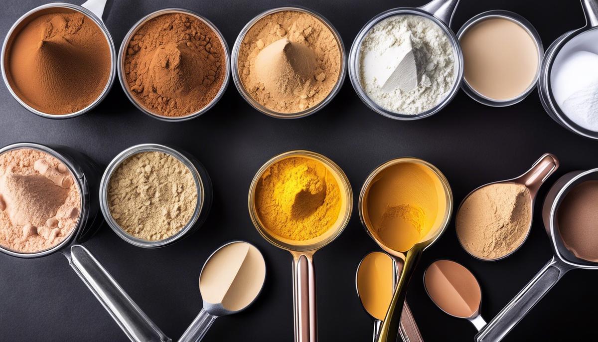 Image of various protein powder scoops in different colors, representing different types of protein powders for dietary needs