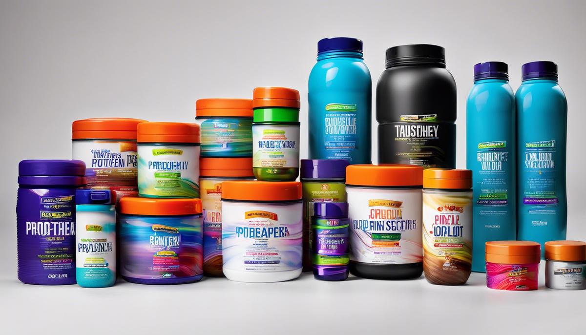 A colorful assortment of protein powder containers and a shaker bottle.