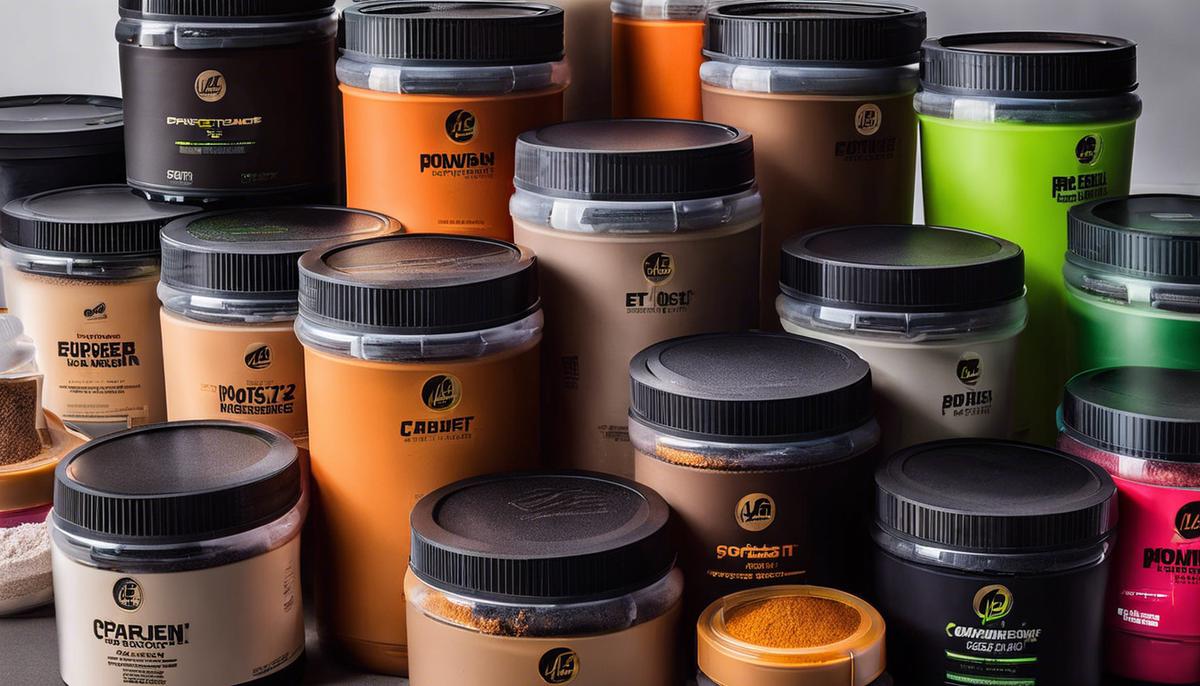 Image of various post-workout protein powders stacked in containers