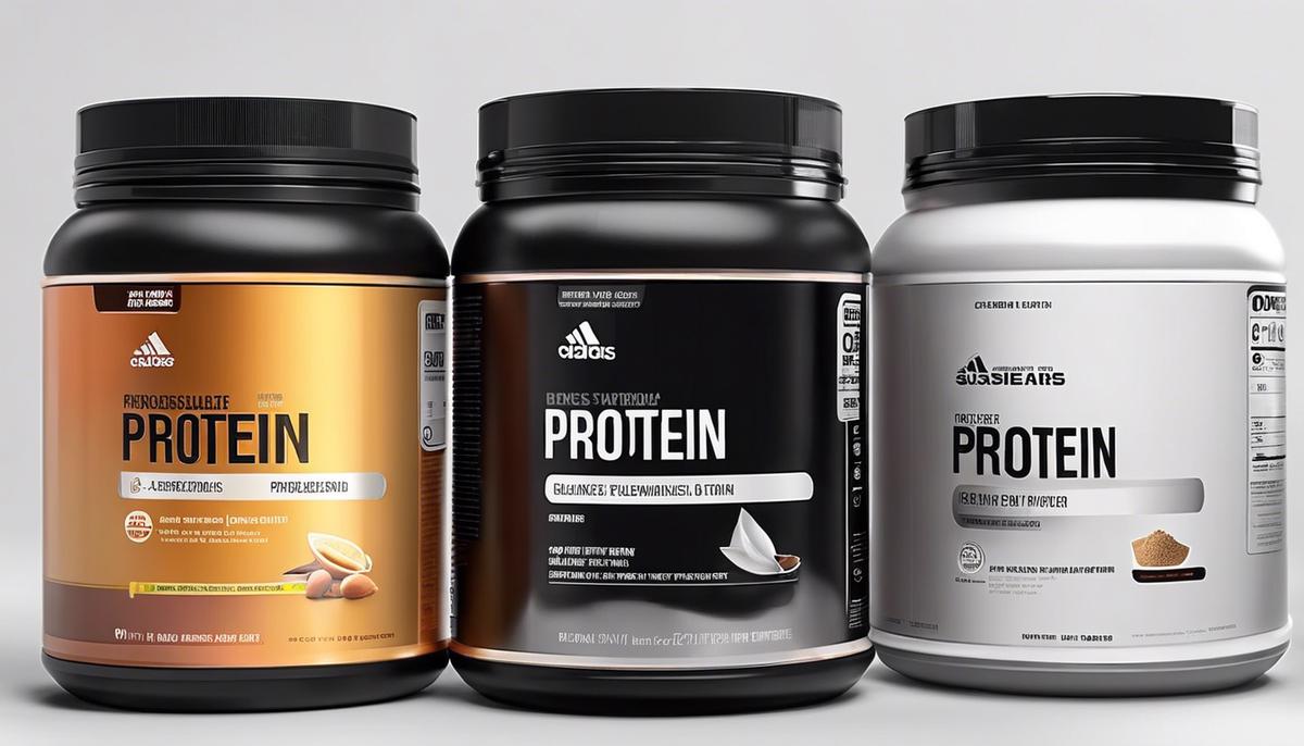 Different types of protein powder containers on a white background